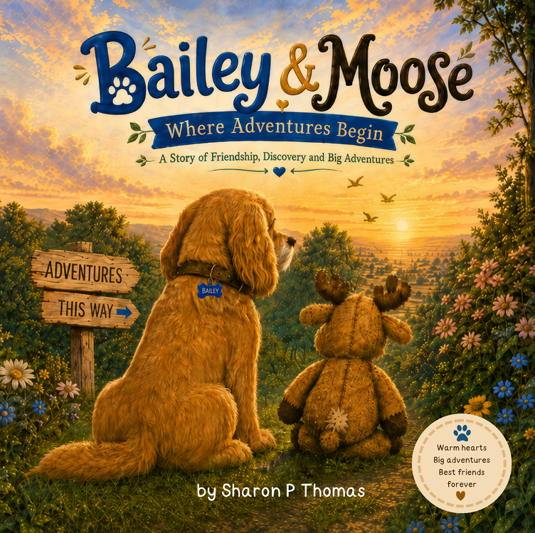 Bailey & Moose: Where Adventures Begin, by Sharon P Thomas. Bailey and his toy Moose look out over a golden countryside.